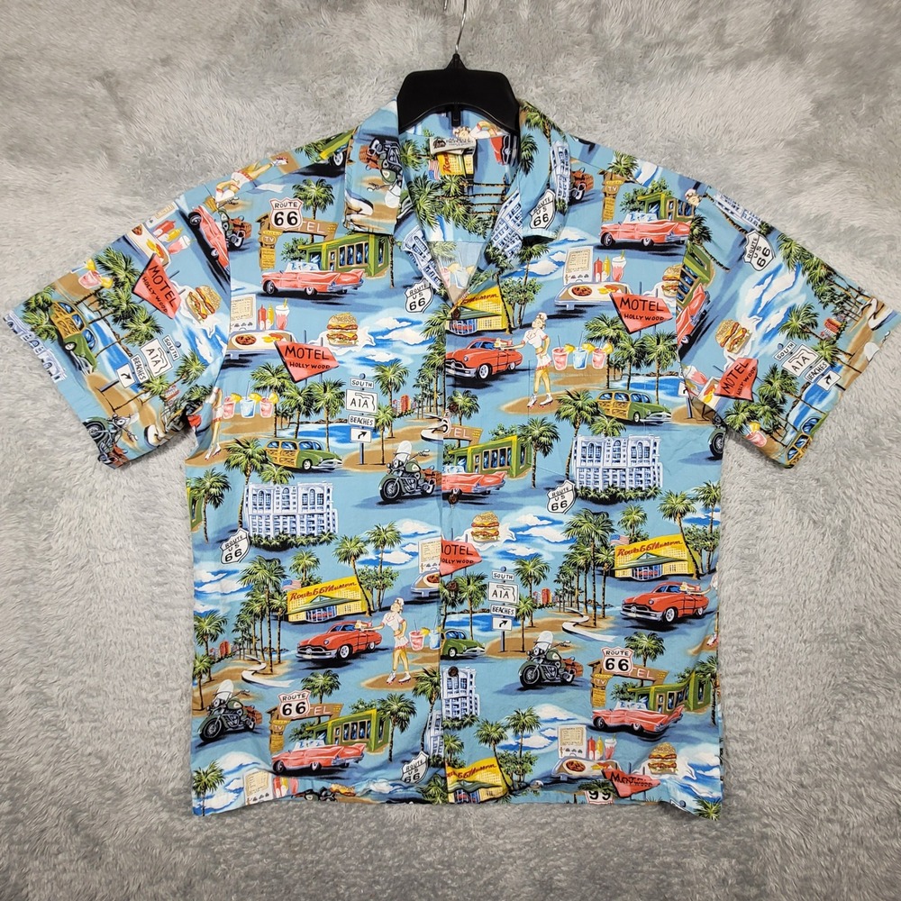 Aloha Republic Hawaiian Shirt Mens XL Route 66 Cars Palm Trees Vacation USA